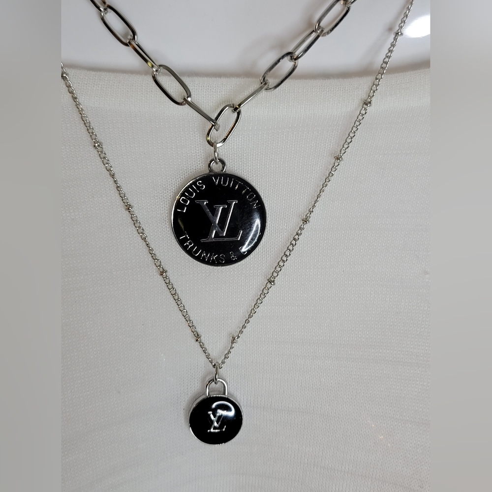 Silver Layered Neckchains, Adjustable, Blk. Ename… - image 2